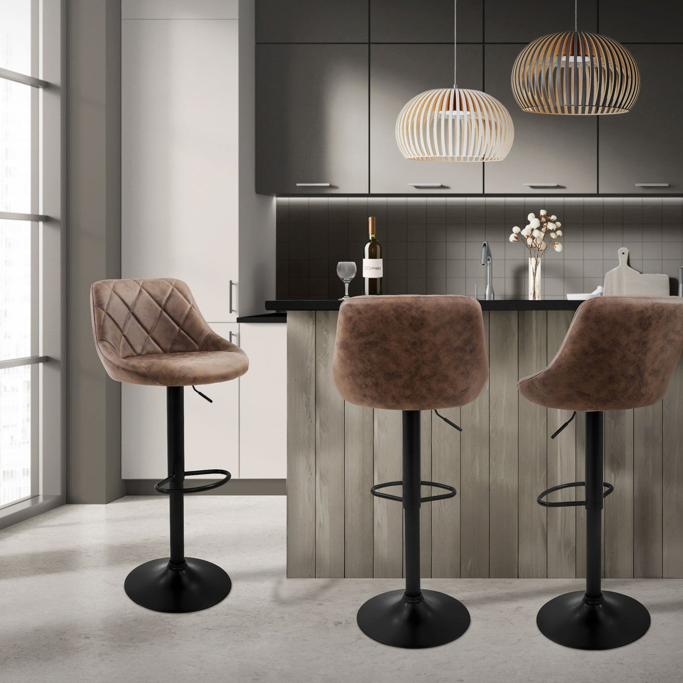 Barstol uppsättning av 2 brunt konstläderklädsel